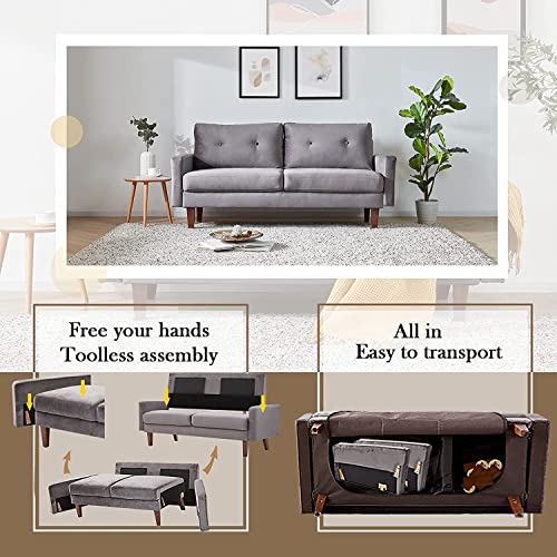 Dreamsir 69" Modern Cream Love Seats Sofa Couch Furniture, Velvet Fabric Mid Century Couch for Living Room, Bedroom, Apartment/Easy, Tool-Free Assembly (Sofa, Gray)