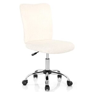 giantex faux fur office chair, armless home desk chair, height adjustable swivel cute chair, middle back chair w/chrome base, modern fuzzy vanity chair, rolling task chair for study bedroom (ivory)
