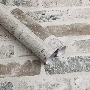 Guvana Brick Wallpaper, Peel and Stick Grey Brown 3D Brick Self Adhesive Wallpaper 17.3"×118" Removable Contact Paper Vintage Decorative Brick Textured Wall Classroom Covering