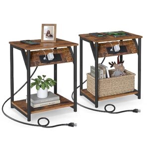 vasagle side tables with charging station, set of 2 end tables with usb ports and outlets, nightstands for living room, bedroom, plug-in series, rustic brown and black ulet372b01