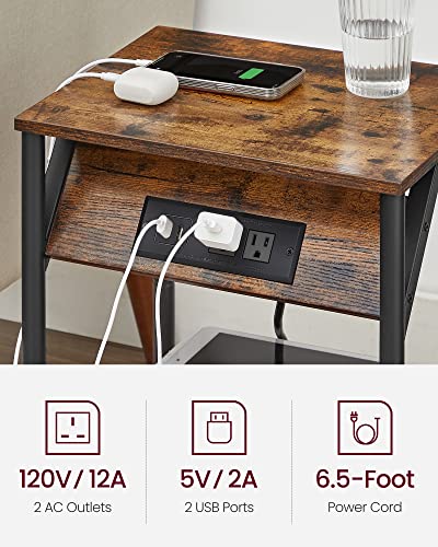 VASAGLE Side Tables with Charging Station, Set of 2 End Tables with USB Ports and Outlets, Nightstands for Living Room, Bedroom, Plug-in Series, Rustic Brown and Black ULET372B01