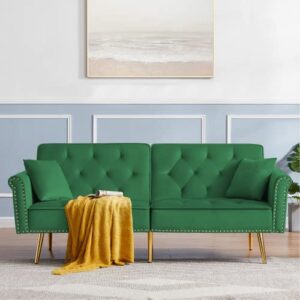 szlizccc 76.7" velvet futon sofa bed, copper nail decoration accent sofa, convertible futon couch, backrest can be adjusted at three angles, sleeper sofa, bed size-twin.(green)