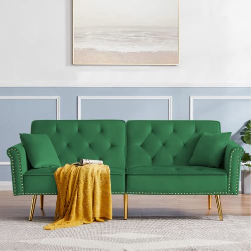 SZLIZCCC 76.7" Velvet Futon Sofa Bed, Copper Nail Decoration Accent Sofa, Convertible futon Couch, backrest can be Adjusted at Three Angles, Sleeper Sofa, Bed Size-Twin.(Green)