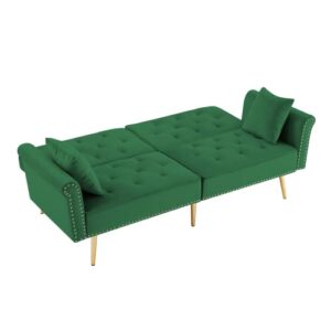 SZLIZCCC 76.7" Velvet Futon Sofa Bed, Copper Nail Decoration Accent Sofa, Convertible futon Couch, backrest can be Adjusted at Three Angles, Sleeper Sofa, Bed Size-Twin.(Green)