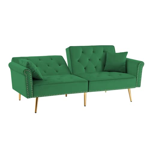 SZLIZCCC 76.7" Velvet Futon Sofa Bed, Copper Nail Decoration Accent Sofa, Convertible futon Couch, backrest can be Adjusted at Three Angles, Sleeper Sofa, Bed Size-Twin.(Green)