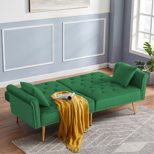 SZLIZCCC 76.7" Velvet Futon Sofa Bed, Copper Nail Decoration Accent Sofa, Convertible futon Couch, backrest can be Adjusted at Three Angles, Sleeper Sofa, Bed Size-Twin.(Green)