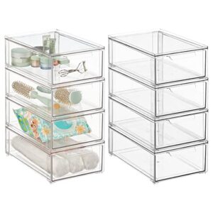 mdesign plastic stackable bathroom storage organizer bin with pull out drawer for cabinet, vanity, shelf, cupboard, cabinet, or closet organization - lumiere collection - 8 pack - (clear, 8 x 12 x 4)