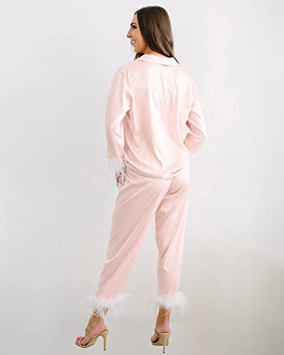 Belle's Design Women's Feather Trim Silk Satin Pajama Button Down Long Sleeve and Pants Set Sleepwear Loungewear S To XXL (Blush, Small)