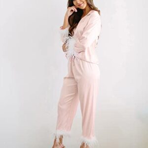 Belle's Design Women's Feather Trim Silk Satin Pajama Button Down Long Sleeve and Pants Set Sleepwear Loungewear S To XXL (Blush, Small)