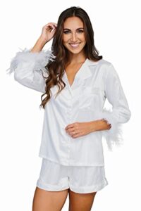 belle's design women's feather trim silk satin pajama set with shorts button down 2 pieces loungewear sleepwear (white, xx-large)