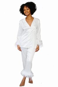 belle's design women's feather trim silk satin pajama button down long sleeve and pants set sleepwear loungewear s to xxl (white, small)
