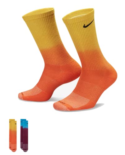 Nike 2 Pack Sports Dri-Fit Moisture Wicking Athletic Crew Socks (Medium, (Orange/Yellow) and (Maroon/Blue))