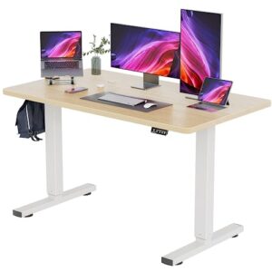 yeshomy height adjustable electric standing desk 55 inch computer table, home office workstation, 55in, white leg/natural top