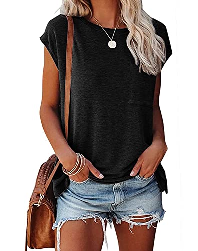 Smile Fish Womens Summer Black Short Cap Sleeve Shirts Solid Loose Fit Pocket Tunic Tops Cotton M