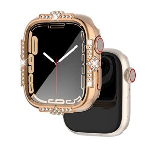 falandi hard case compatible with apple watch case series 8 series 7 41mm rhinestones with built-in glass screen protector diamond iwatch face cover smart watch case for women girl, 41mm rose gold