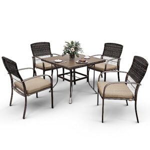 patio dining set for 4, 5pcs patio table & chair set,plastic-wood table top with 1.6" umbrella hole, all-weather wicker patio dining furniture with removable cushions for deck, lawn, garden(beige)