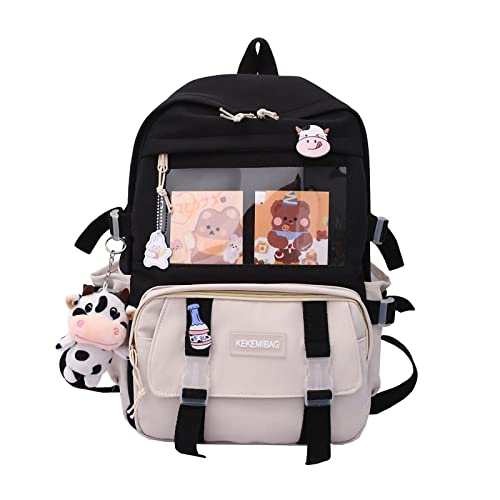 DACHAIHU Kawaii Backpack Aesthetic School Bags 17in Cute Bookbag with Badge&Cute Pendant,Large Capacity Kawaii Backpacks for School Black1