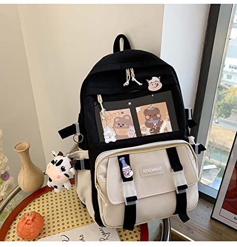 DACHAIHU Kawaii Backpack Aesthetic School Bags 17in Cute Bookbag with Badge&Cute Pendant,Large Capacity Kawaii Backpacks for School Black1