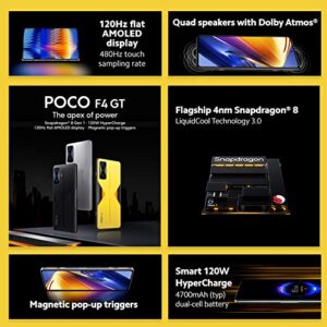 Poco F4 GT 5G + 4G LTE 128GB + 8GB Factory Unlocked 6.67" 120Hz 64Mp Triple Camera (Not Verizon Sprint Boost Cricket Metro At&T) + (w/Fast Car Charger Bundle) (Cyber Yellow)