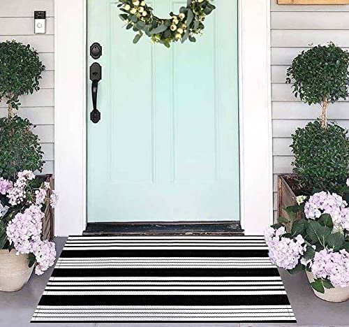 Black and White Striped Outdoor Rug 24'' x 35'' Door Mat Outdoor Machine Washable Welcome Mats Cotton Hand-Woven Entryway Rug for Front Porch/Entryway/Laundry/Bathroom/Bedroom