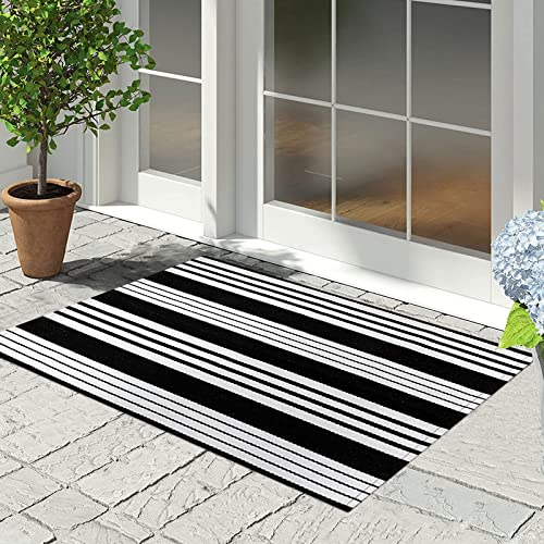 Black and White Striped Outdoor Rug 24'' x 35'' Door Mat Outdoor Machine Washable Welcome Mats Cotton Hand-Woven Entryway Rug for Front Porch/Entryway/Laundry/Bathroom/Bedroom