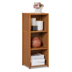 monibloom narrow bookcase bamboo 3 tier free standing tall bookshelf display storage shelves space saver for home living room study room, brown