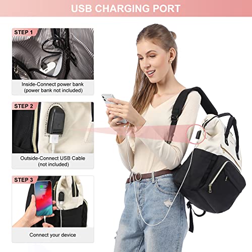 LOVEVOOK Laptop Backpack Purse for Women, 17 Inch Computer Business Stylish Backpacks, Doctor Nurse Bags for Work, Casual Daypack Backpack with USB Port, White-Black