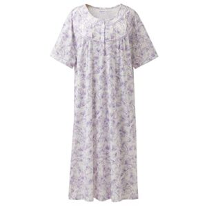 keyocean women nightgowns for summer, soft 100% cotton lightweight ladies short sleeves sleeping-gown, cream with purple floral, xx-large
