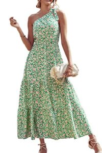 prettygarden women's floral maxi dress 2023 knot one shoulder sleeveless ruffle hem flowy boho dresses(green white,large)