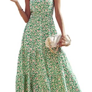 PRETTYGARDEN Women's Floral Maxi Dress 2023 Knot One Shoulder Sleeveless Ruffle Hem Flowy Boho Dresses(Green White,Large)