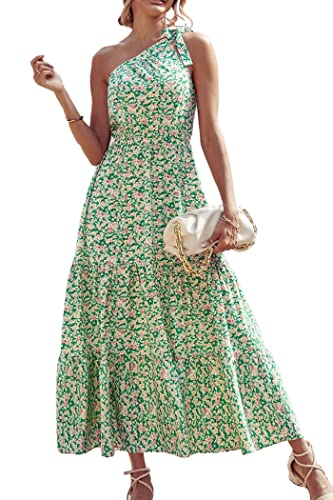 PRETTYGARDEN Women's Floral Maxi Dress 2023 Knot One Shoulder Sleeveless Ruffle Hem Flowy Boho Dresses(Green White,Large)