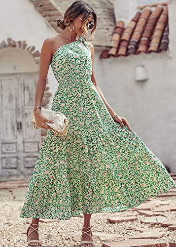 PRETTYGARDEN Women's Floral Maxi Dress 2023 Knot One Shoulder Sleeveless Ruffle Hem Flowy Boho Dresses(Green White,Large)