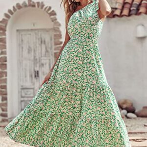 PRETTYGARDEN Women's Floral Maxi Dress 2023 Knot One Shoulder Sleeveless Ruffle Hem Flowy Boho Dresses(Green White,Large)