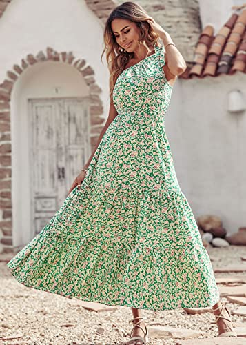 PRETTYGARDEN Women's Floral Maxi Dress 2023 Knot One Shoulder Sleeveless Ruffle Hem Flowy Boho Dresses(Green White,Large)