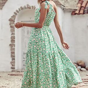 PRETTYGARDEN Women's Floral Maxi Dress 2023 Knot One Shoulder Sleeveless Ruffle Hem Flowy Boho Dresses(Green White,Large)