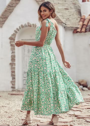 PRETTYGARDEN Women's Floral Maxi Dress 2023 Knot One Shoulder Sleeveless Ruffle Hem Flowy Boho Dresses(Green White,Large)