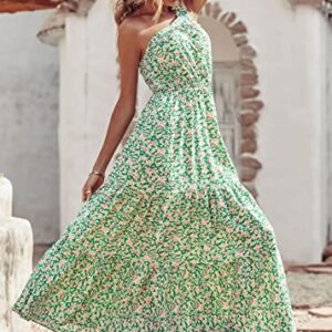 PRETTYGARDEN Women's Floral Maxi Dress 2023 Knot One Shoulder Sleeveless Ruffle Hem Flowy Boho Dresses(Green White,Large)