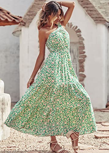 PRETTYGARDEN Women's Floral Maxi Dress 2023 Knot One Shoulder Sleeveless Ruffle Hem Flowy Boho Dresses(Green White,Large)