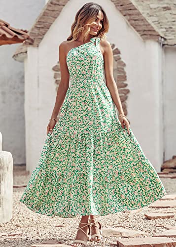 PRETTYGARDEN Women's Floral Maxi Dress 2023 Knot One Shoulder Sleeveless Ruffle Hem Flowy Boho Dresses(Green White,Large)