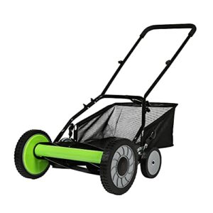 16-inch 5-blade cordless manual reel lawn mower, adjustable cutting/handle height grass cutter with grass catcher, green