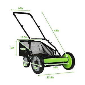 16-Inch 5-Blade Cordless Manual Reel Lawn Mower, Adjustable Cutting/Handle Height Grass Cutter with Grass Catcher, Green