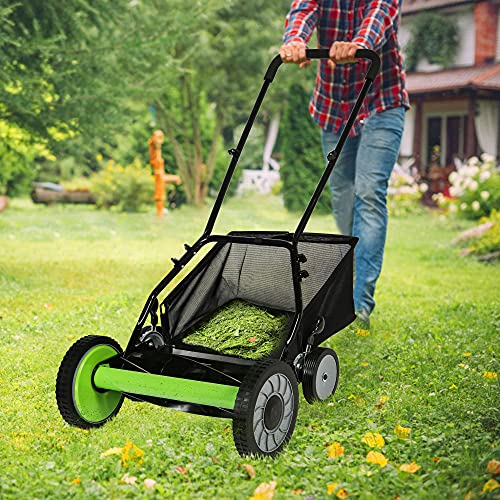 16-Inch 5-Blade Cordless Manual Reel Lawn Mower, Adjustable Cutting/Handle Height Grass Cutter with Grass Catcher, Green