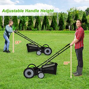 16-Inch 5-Blade Cordless Manual Reel Lawn Mower, Adjustable Cutting/Handle Height Grass Cutter with Grass Catcher, Green