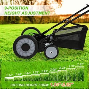 16-Inch 5-Blade Cordless Manual Reel Lawn Mower, Adjustable Cutting/Handle Height Grass Cutter with Grass Catcher, Green