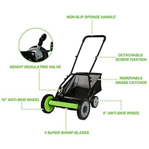 16-Inch 5-Blade Cordless Manual Reel Lawn Mower, Adjustable Cutting/Handle Height Grass Cutter with Grass Catcher, Green