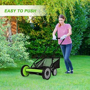 16-Inch 5-Blade Cordless Manual Reel Lawn Mower, Adjustable Cutting/Handle Height Grass Cutter with Grass Catcher, Green