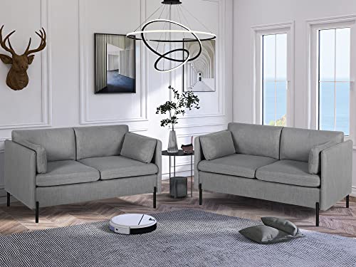 LINLUX 55''W Upholstered Modern Loveseat Sofa Couch for Living Room, Fabric Small Love Seat w/ 2 Pillows and Iron Legs, 2 Seat Small Couches for Small Spaces, Bedroom, Apartment, Office, Grey