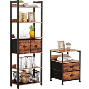 furologee tall 6-tier bookshelves, rustic bookcase with 2 drawers, nightstand with 2 drawers, end table with storage shelf for bedroom, living room, rustic brown