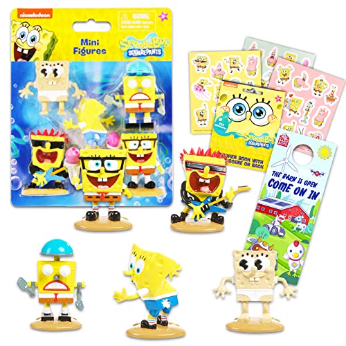 Viacom Spongebob Squarepants Mini Figures 5 Pack - Spongebob Toy Bundle with 5 Spongebob Cupcake Topper Figurines Plus Spongebob Stickers and More (Spongebob Party Supplies)