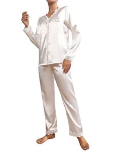 makemechic women's satin pj set silk lace trim button down shirt and pants pajama set white s
